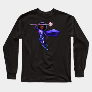 Black anime superhero girl from outer space with cape ! beautiful  black girl with Afro hair, brown eyes, Cherry pink lips and dark brown skin. Hair love ! Long Sleeve T-Shirt